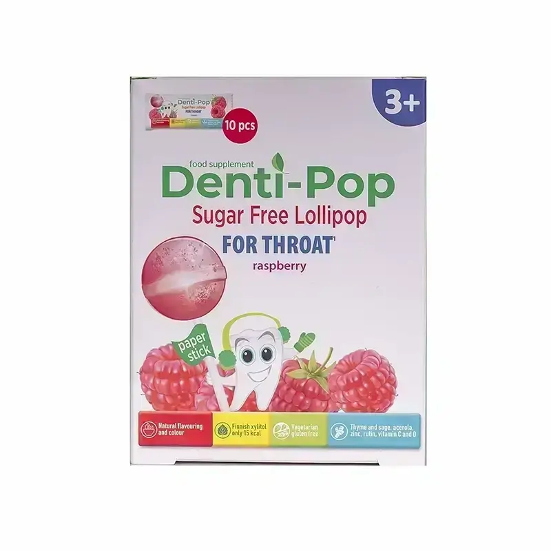 Denti Pop Lollipop For Throat Raspberry Flavored + 3 Years 10 Pcs 