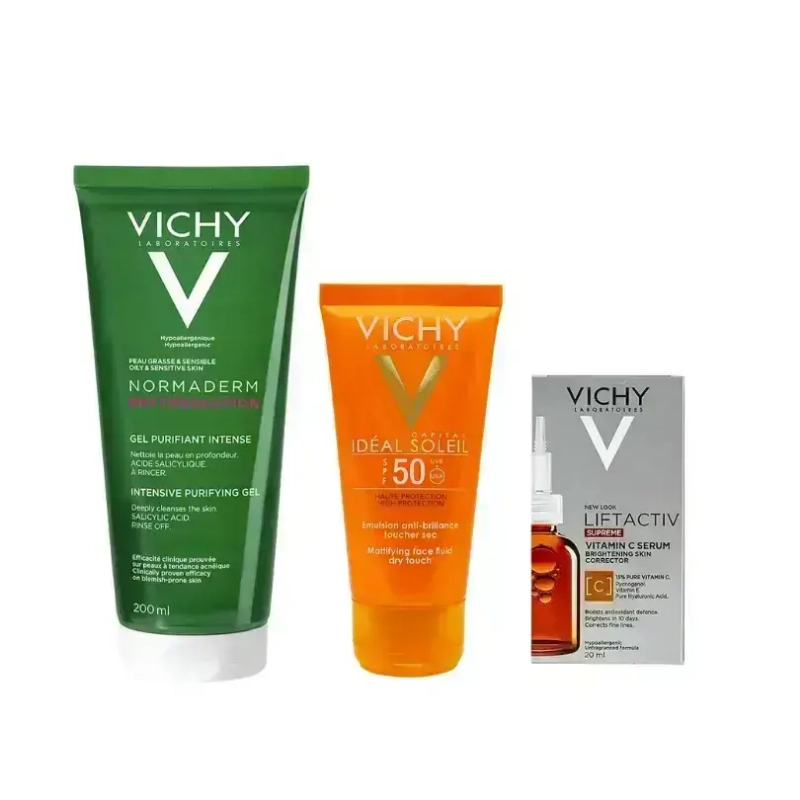Vichy sunblock Fluid 50 Ml +Vichy Cleansing Gel + Vichy Vitamin C Serum package